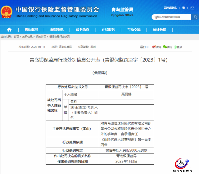 違規(guī)收取手續(xù)費，青島誠信達保險代理一分公司領(lǐng)2張罰單